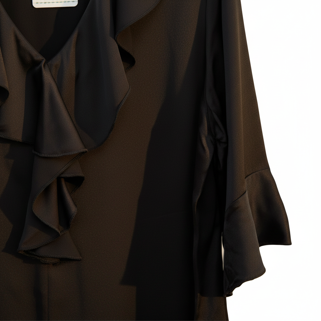 Detalle volante cascada escote V manga campana blusa Promesa Angara Moda