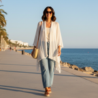 Chaqueta larga punto calado lúrex blanco mujer Angara Moda