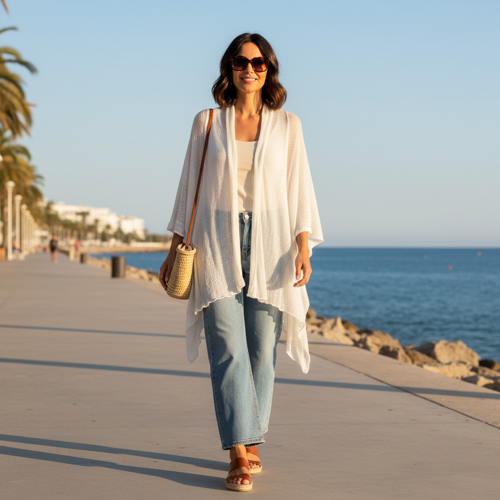 Chaqueta larga punto calado lúrex blanco mujer Angara Moda