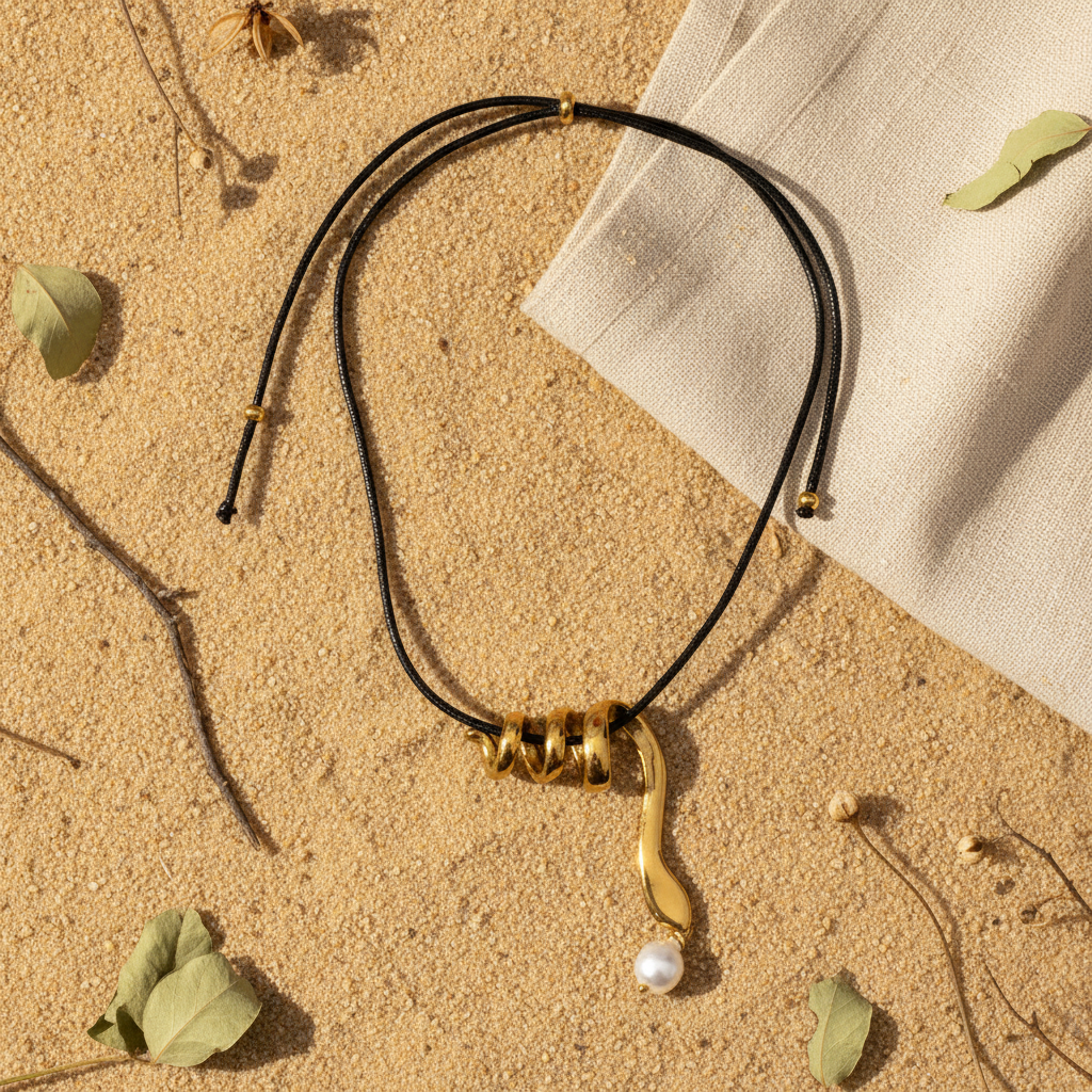 Collar Tornado serpiente dorada perla barroca flat lay fondo natural Angara Moda