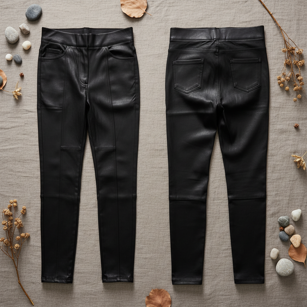 Pantalón Prieto efecto cuero negro pantalón pitillo sobre fondo natural mujer Angara Moda