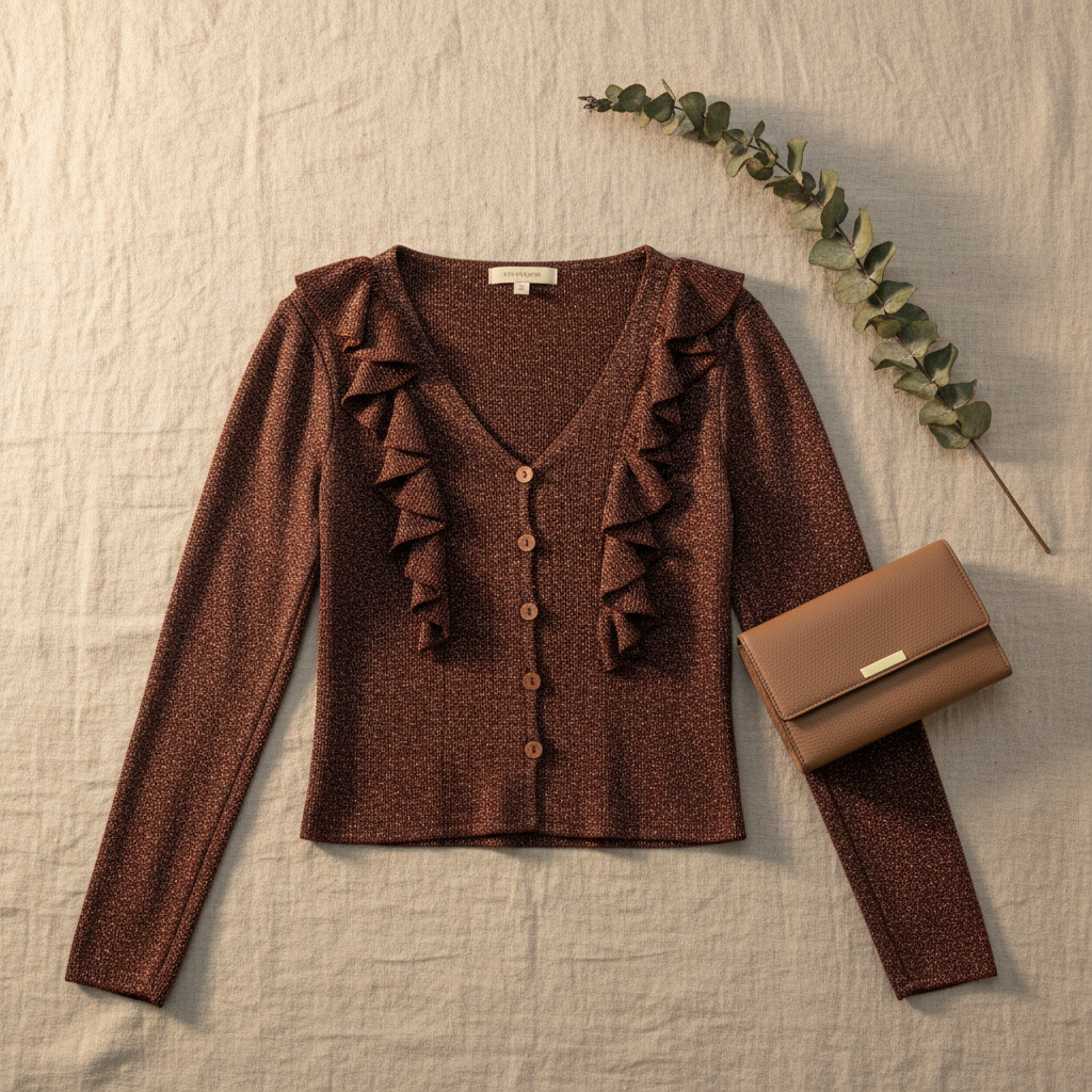 Flat lay blusa Rodonita lurex volantes con accesorios Angara Moda