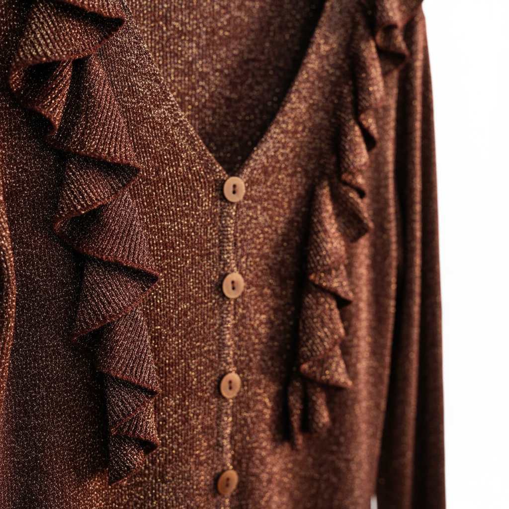 Detalle volantes románticos escote V botonadura blusa Rodonita Angara Moda