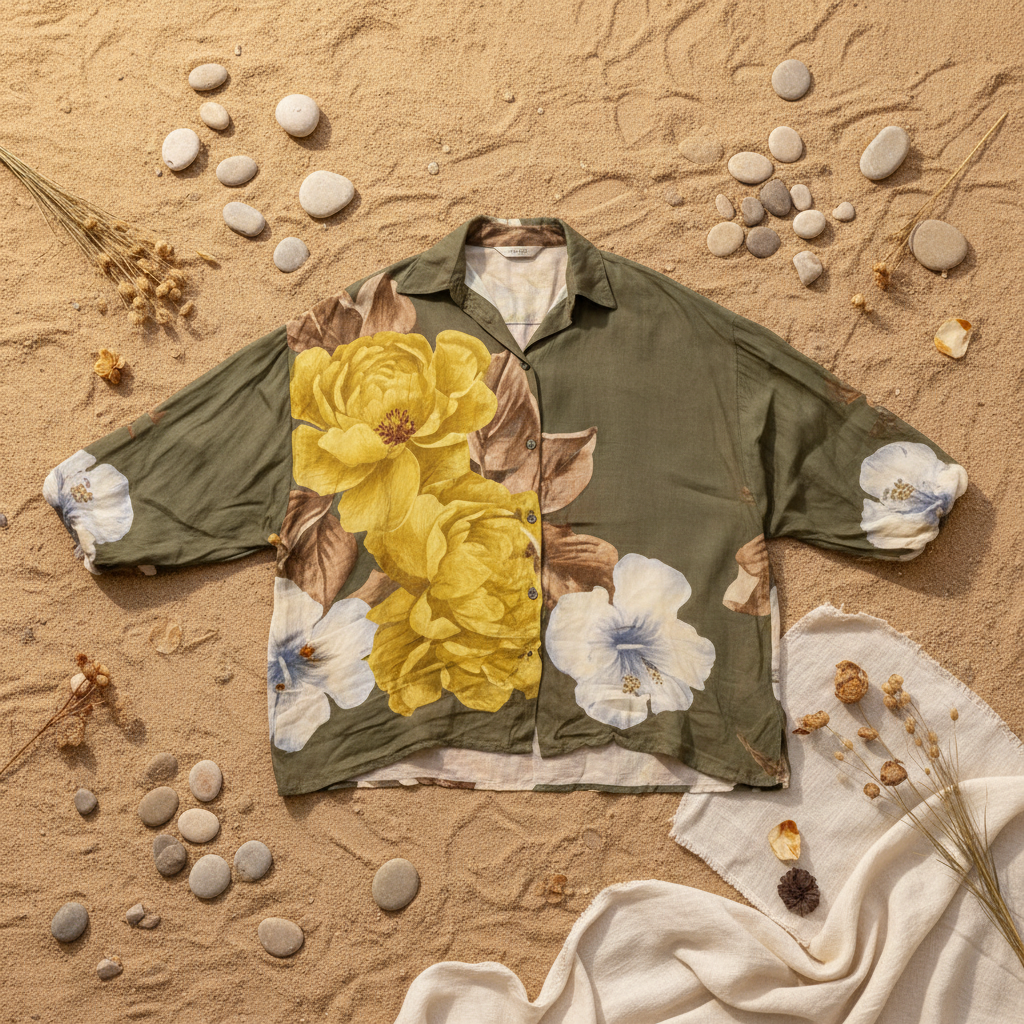 Camisa floral oversize estampado botánico peonías fondo natural Angara Moda