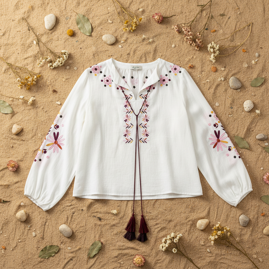 Blusa Lapislázuli bordados florales fondo natural arena Angara Moda