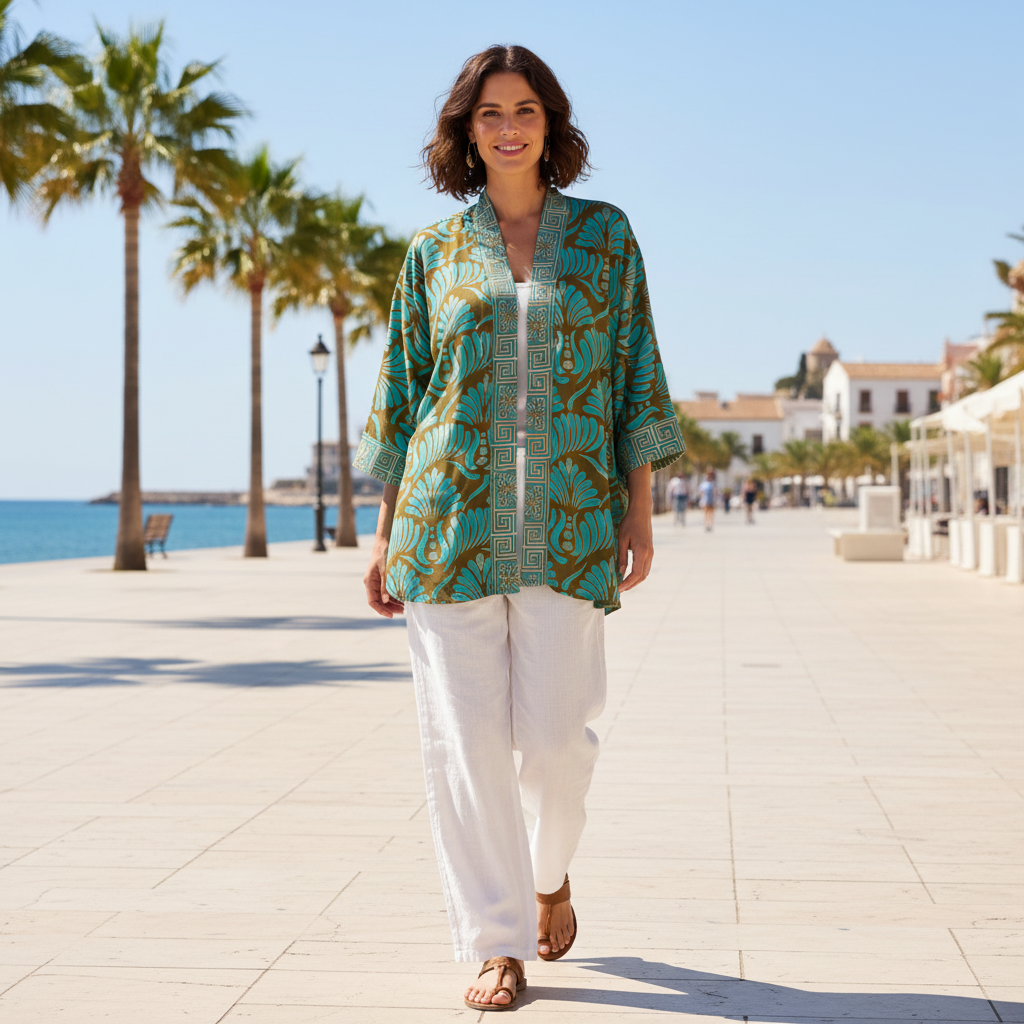 Kimono Yuliana estampado abanicos turquesa modelo cuerpo entero paseo marítimo Angara Moda