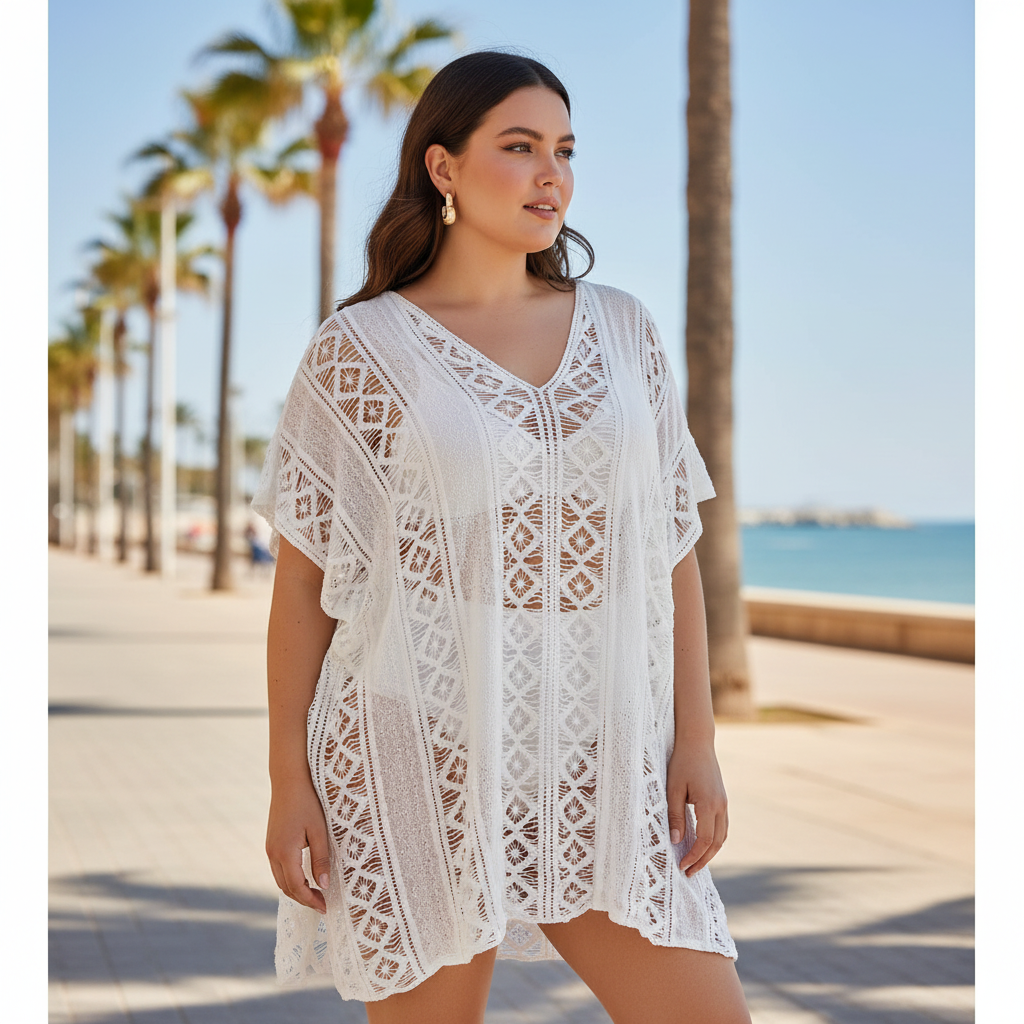 Blusón Goleta ganchillo blanco modelo curvi paseo marítimo Angara Moda