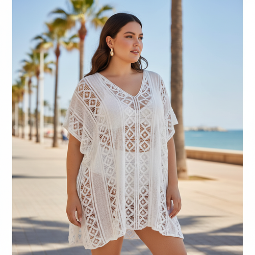 Blusón Goleta ganchillo blanco modelo curvi paseo marítimo Angara Moda