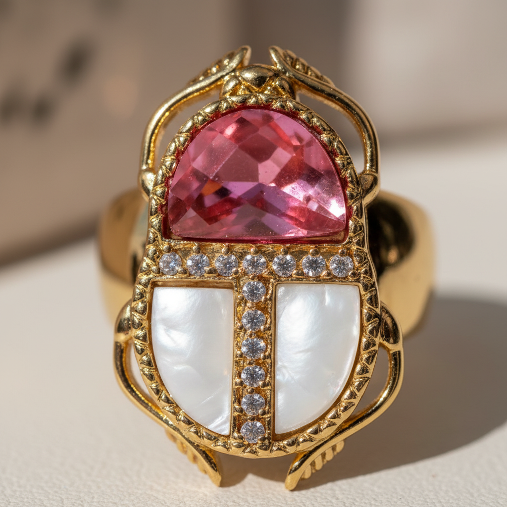 Anillo Raquel escarabajo cristal nácar circonitas macro de piedra y engaste mujer Angara Moda