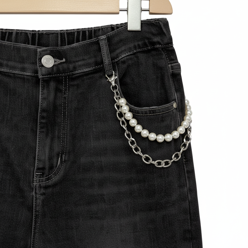 Pantalón Vaquero Perlitas denim negro pantalón mom detalle de cintura y cadena mujer Angara Moda