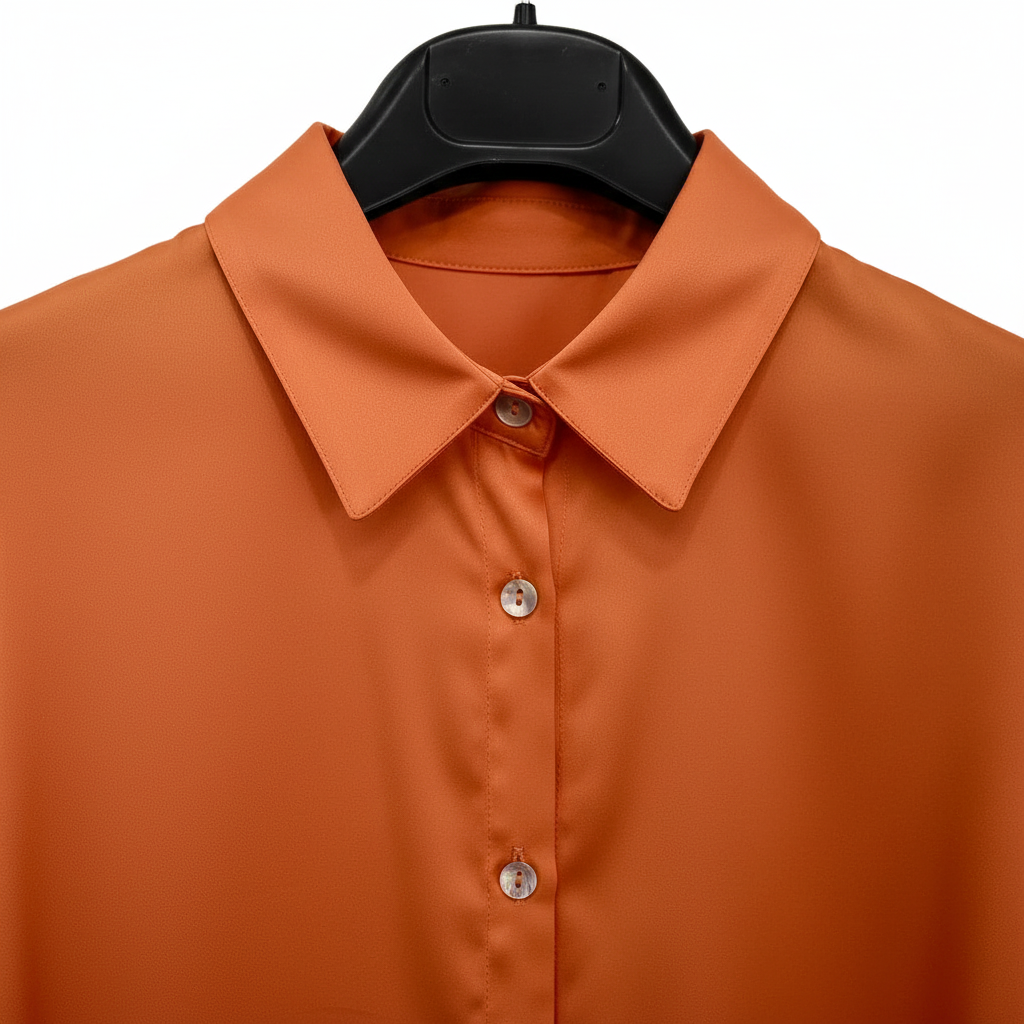 Detalle cuello clásico botones nacarados camisa Alba raso Angara Moda