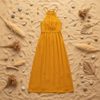 Vestido Largo Ares halter corte imperio flat lay fondo natural Angara Moda