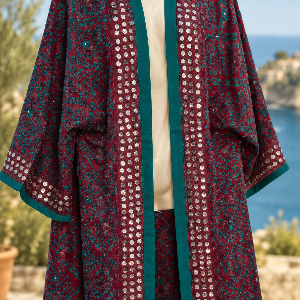Kimono Turquía tejido estampado burdeos y verde detalle reflectante mujer Angara Moda
