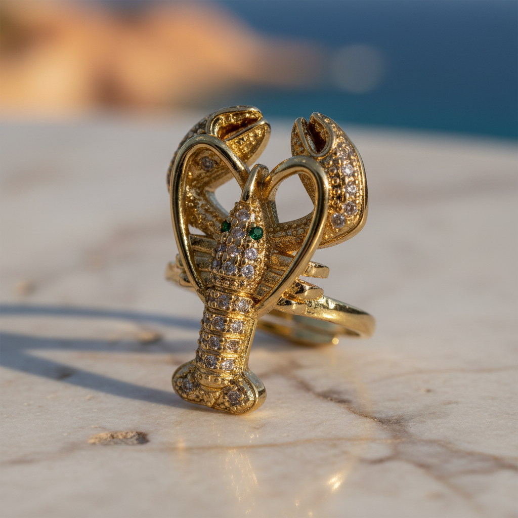Anillo Langosta metal dorado microcirconitas detalle de pinzas anillo abierto mujer Angara Moda