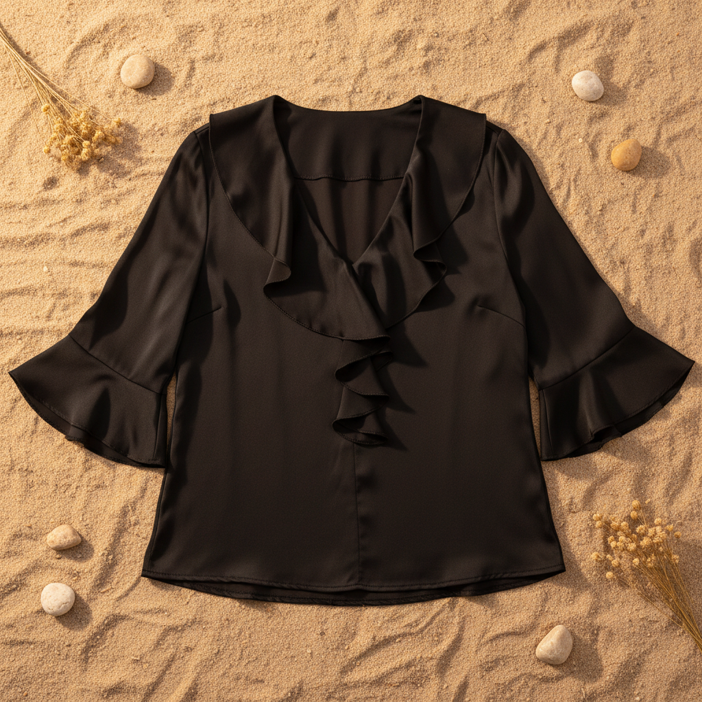 Blusa Promesa raso volante fondo natural arena Angara Moda