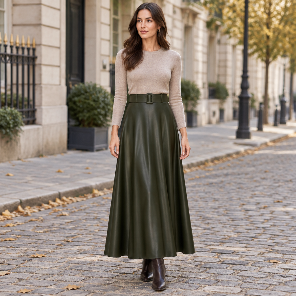 Falda Julieta polipiel verde caza sobre modelo mujer Angara Moda