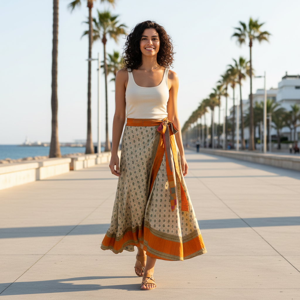 Falda romeo cara A paisley sobre modelo en paseo marítimo mediterráneo