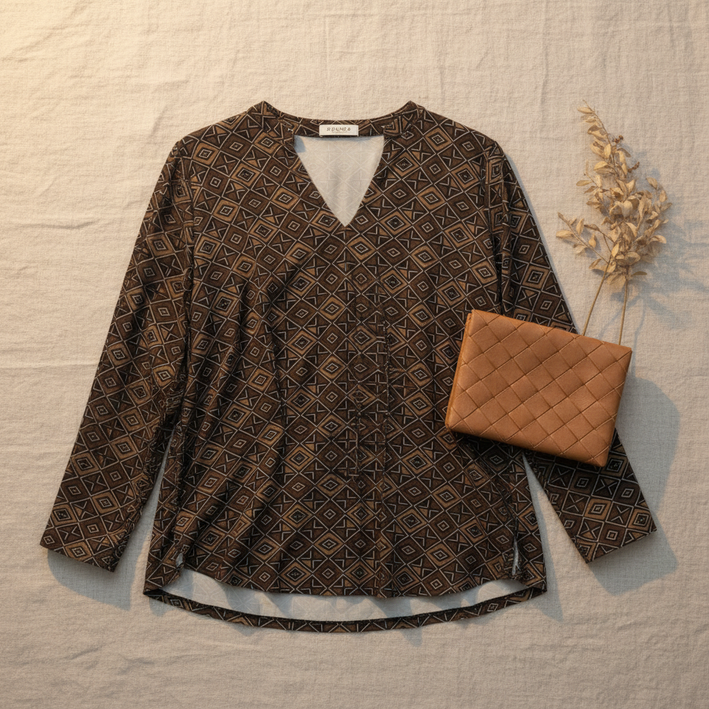 Flat lay blusa Plata estampado geométrico con accesorios Angara Moda
