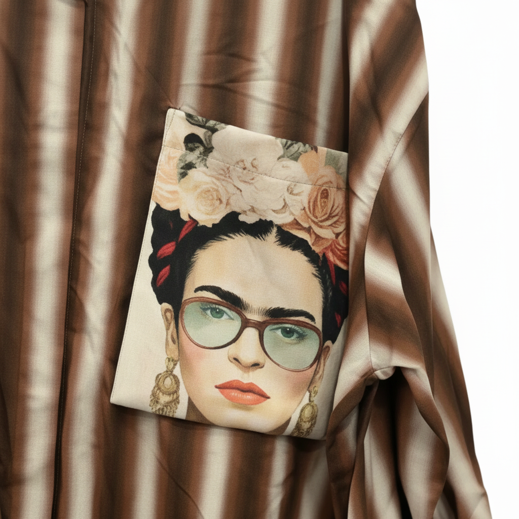 Detalle bolsillo estampado artístico retrato camisa oversize Angara Moda