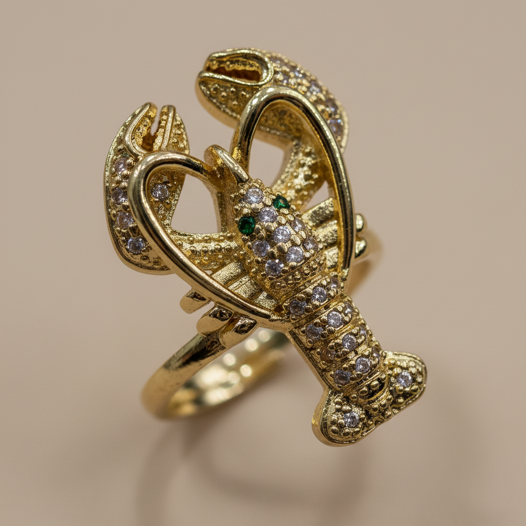 Anillo Langosta metal dorado microcirconitas ojos verdes macro anillo abierto mujer Angara Moda