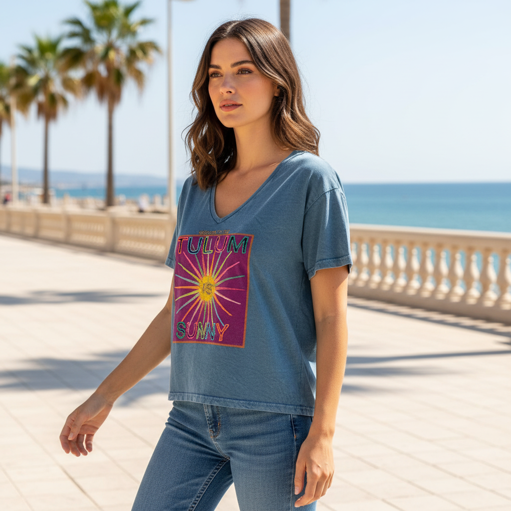Camiseta Solete bordado Tulum sobre modelo paseo marítimo Angara Moda