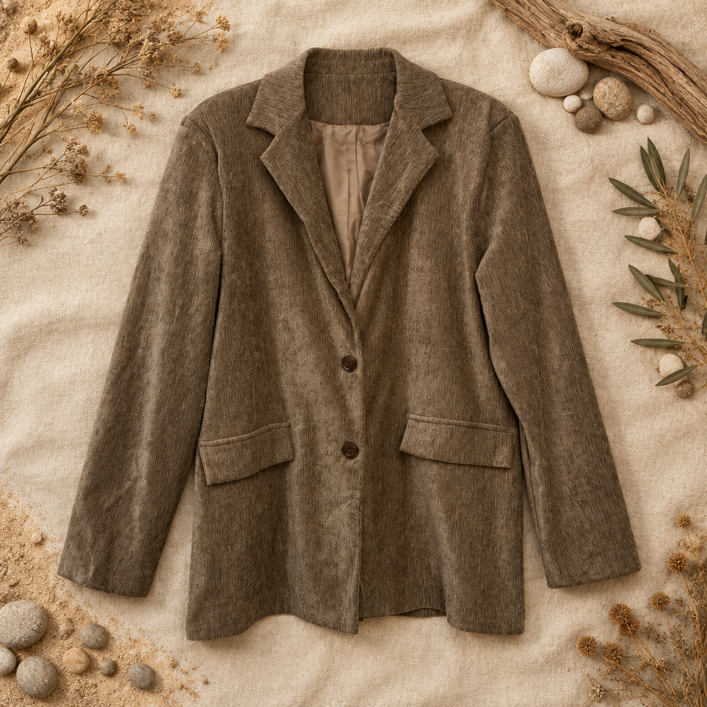Blazer Antonella tejido acanalado marrón topo en fondo natural mujer Angara Moda