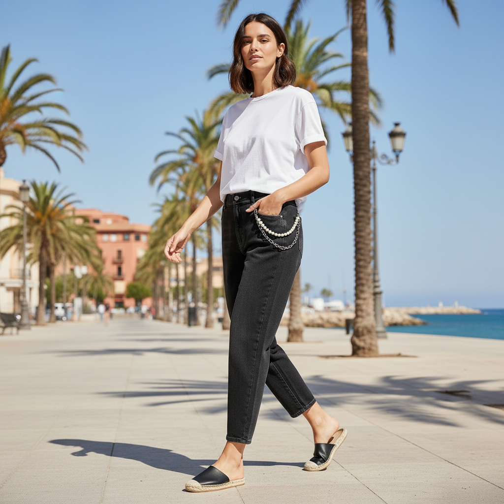Pantalón Vaquero Perlitas denim negro pantalón mom cadena de perlas mujer sobre modelo Angara Moda