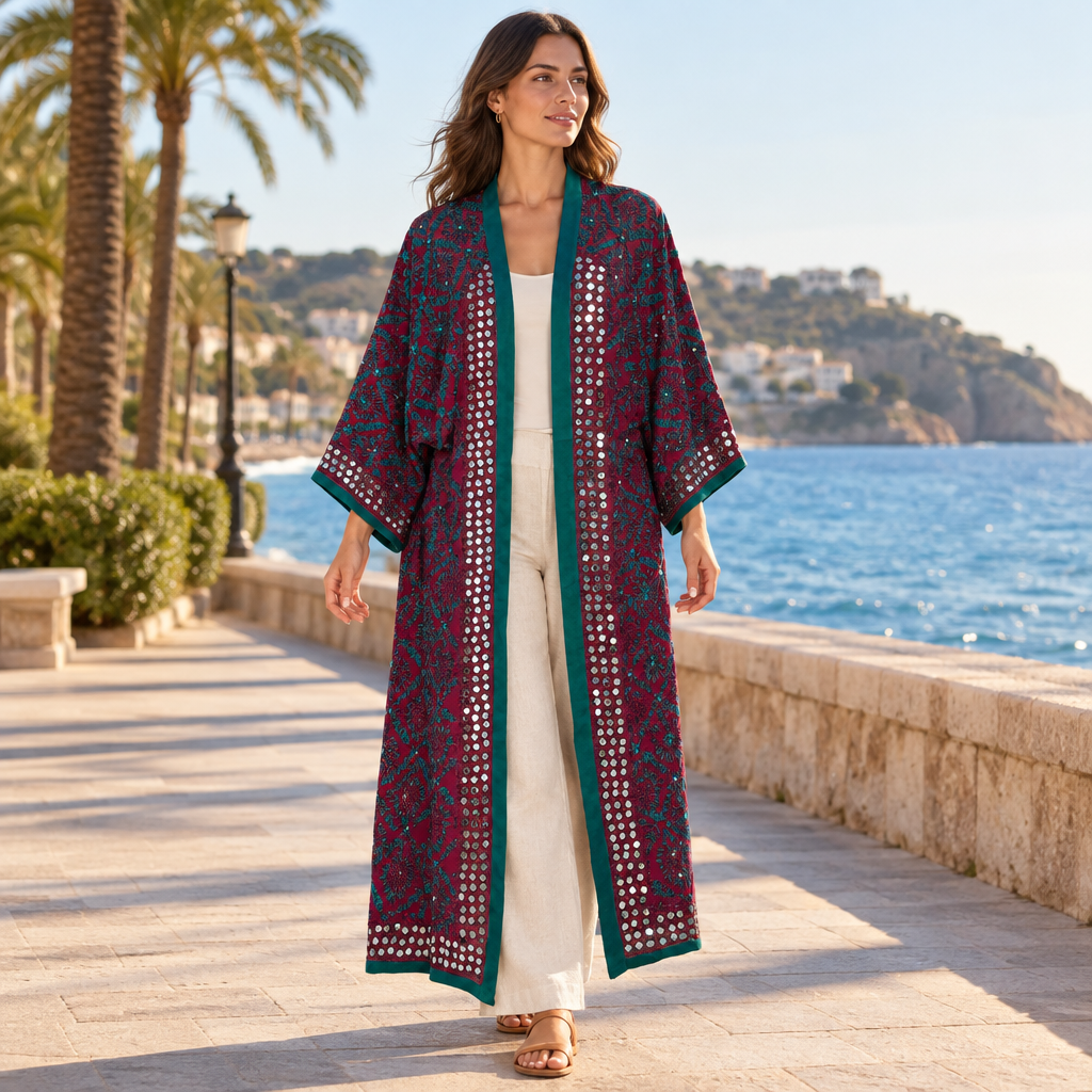Kimono Turquía tejido estampado burdeos y verde sobre modelo mujer Angara Moda