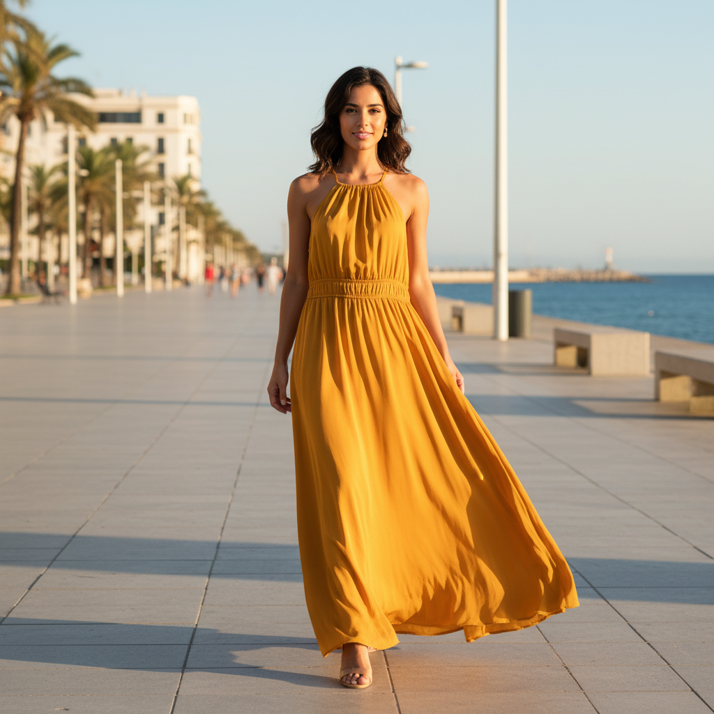 Vestido Largo Ares halter corte imperio tejido fluido modelo paseo marítimo Angara Moda