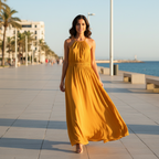Vestido Largo Ares halter corte imperio tejido fluido modelo paseo marítimo Angara Moda