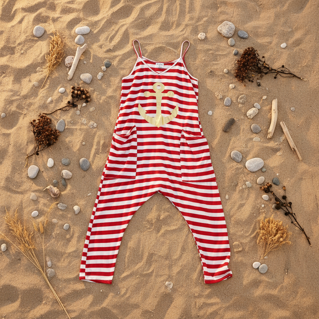 Mono Ariel rayas rojas y blancas ancla dorada flat lay fondo natural Angara Moda