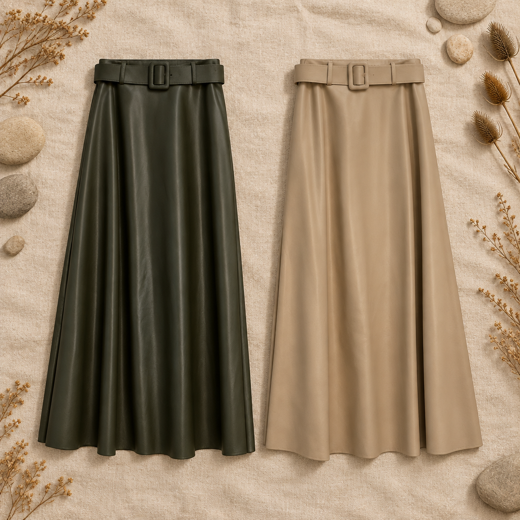 Falda Julieta polipiel verde caza y beige en fondo natural mujer Angara Moda