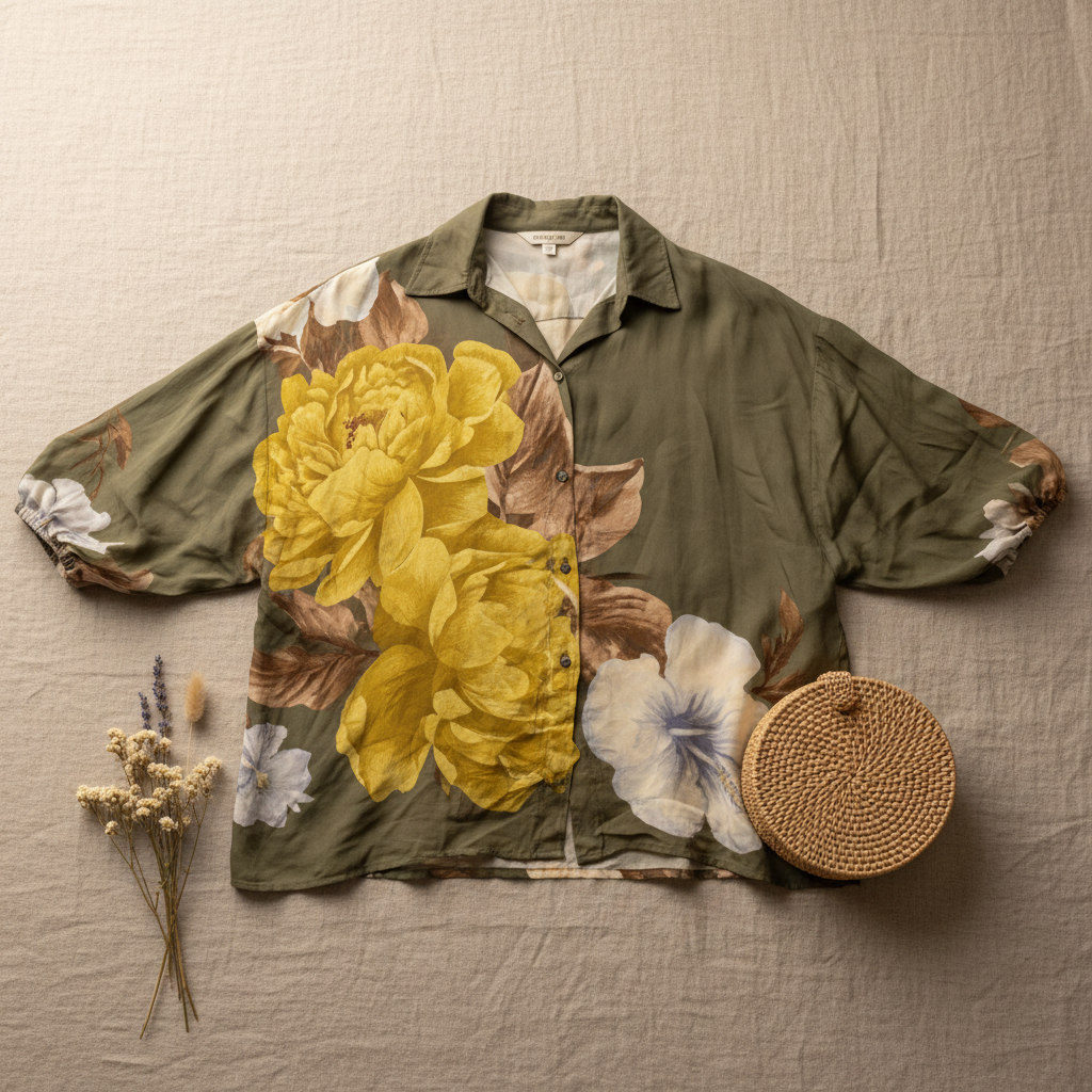 Flat lay camisa floral oversize peonías con accesorios boho Angara Moda