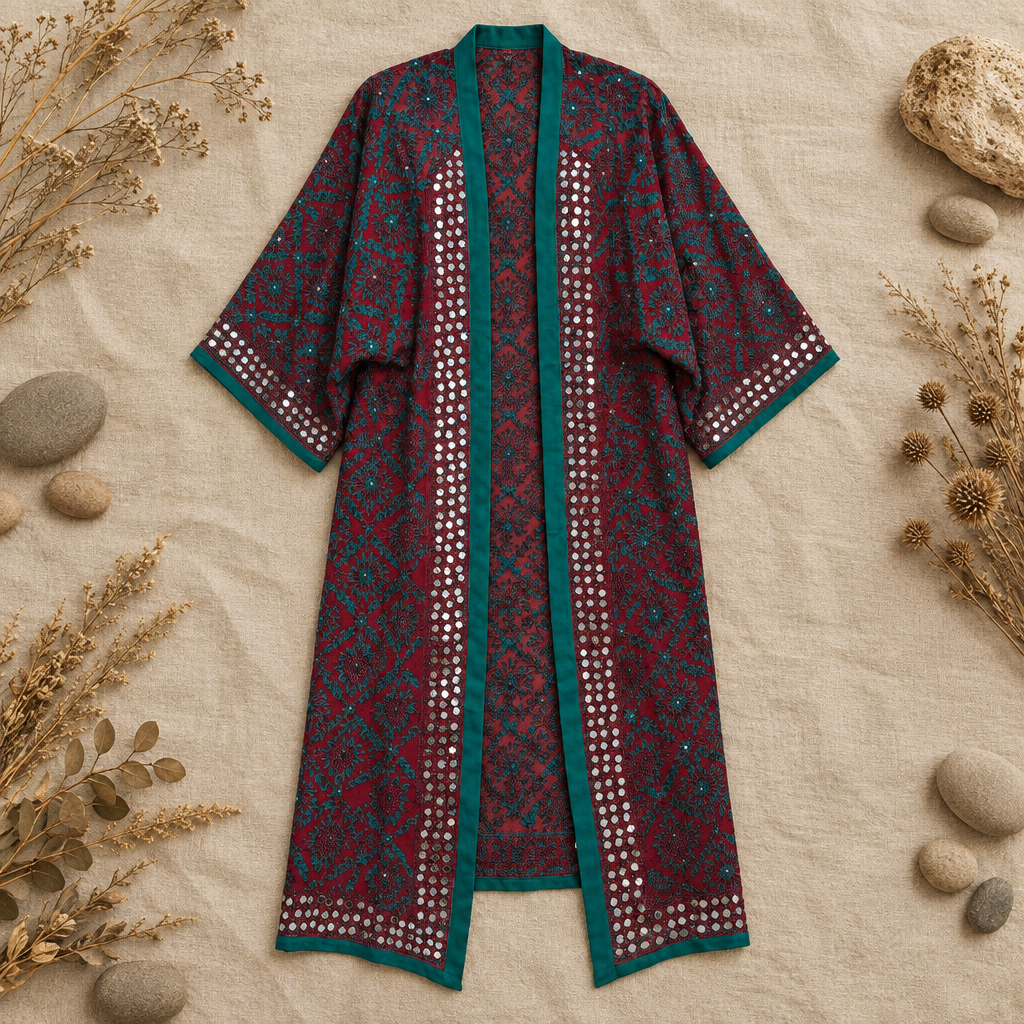 Kimono Turquía tejido estampado burdeos y verde en fondo natural mujer Angara Moda