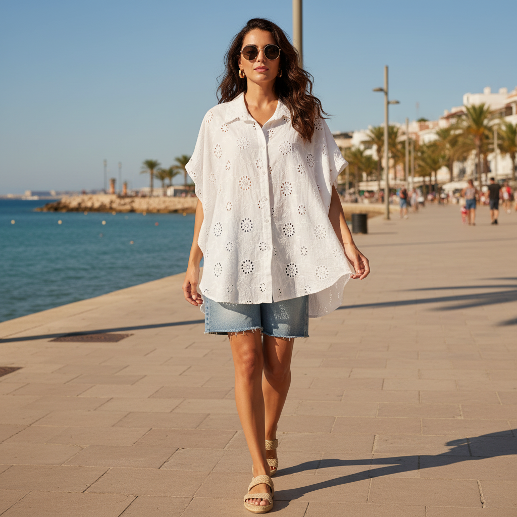 Camiseta Gondola sobre modelo en paseo marítimo mediterráneo
