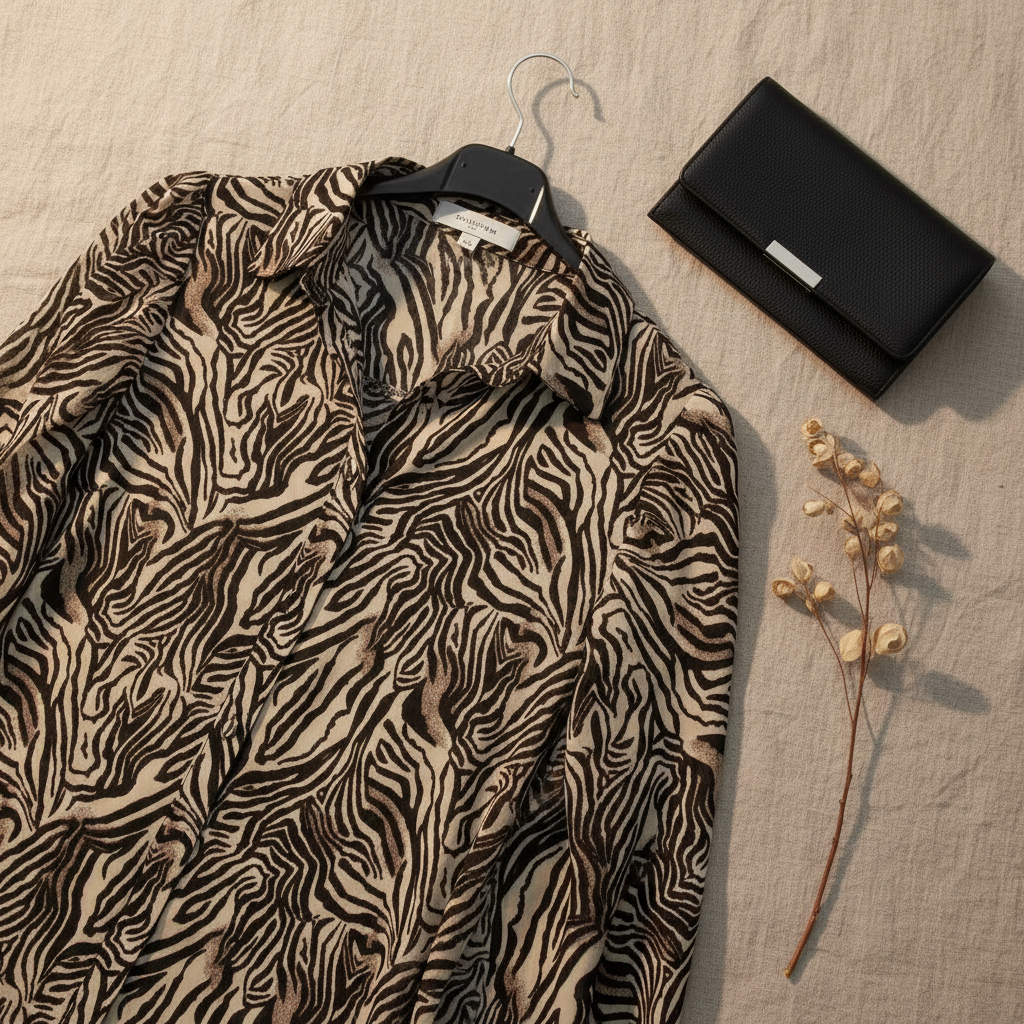 Flat lay camisa Bruma animal print cebra con accesorios Angara Moda
