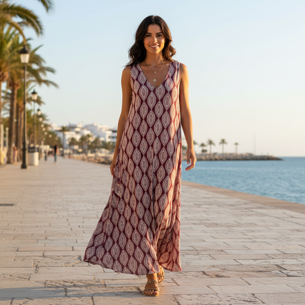 Vestido largo Mery paisley sobre modelo paseo marítimo Angara Moda