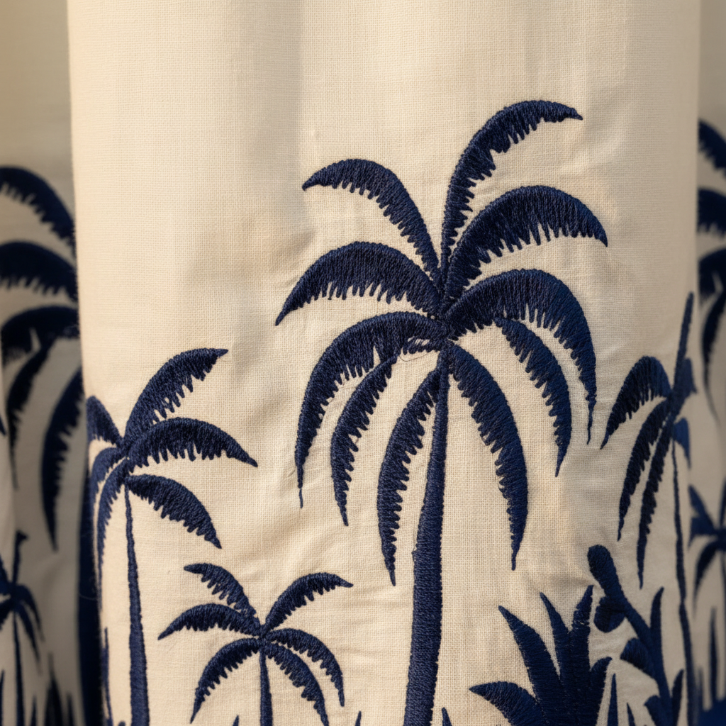 Detalle bordado artesanal palmeras bajo camisa Cedro Angara Moda