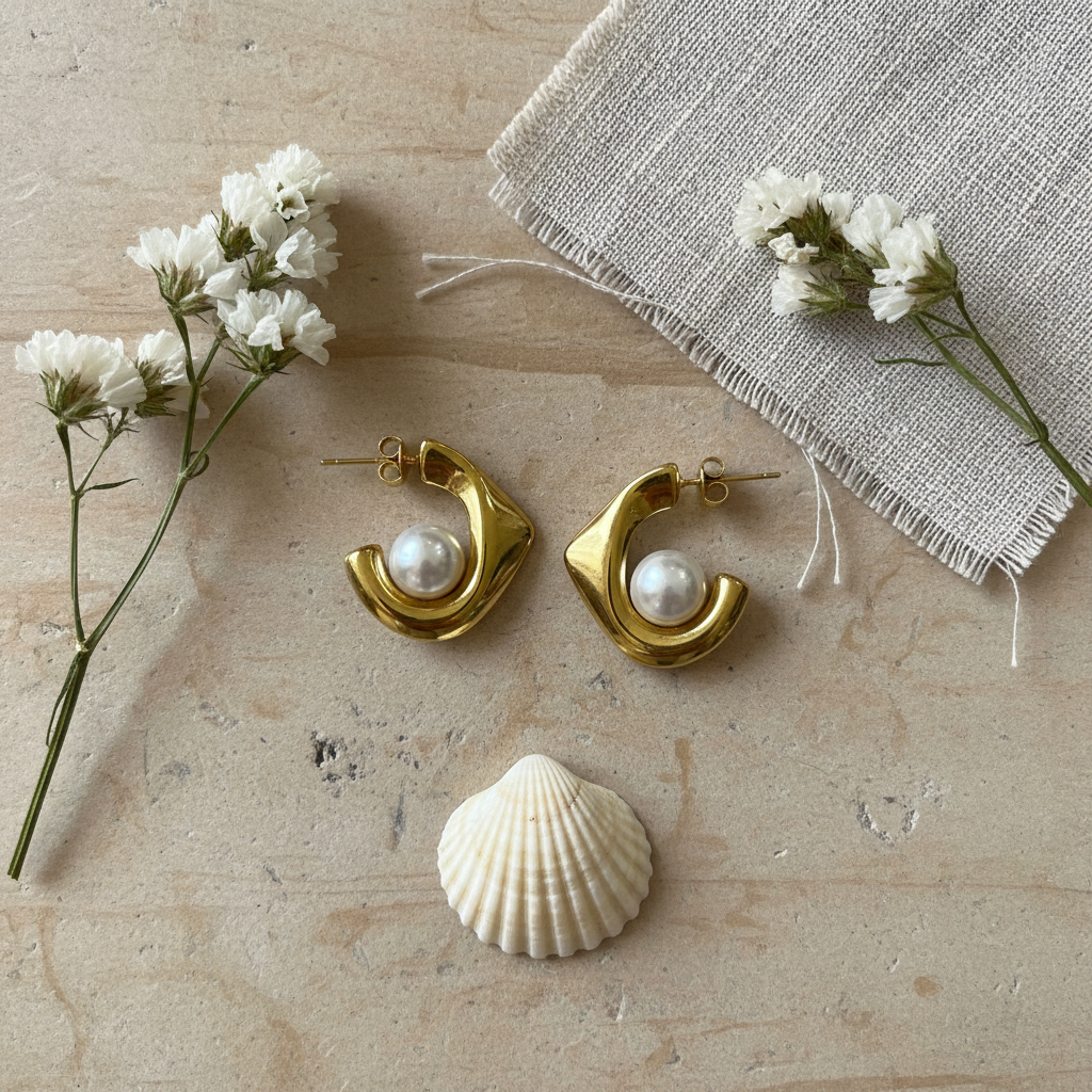 Flat lay pendientes Carlotta aro perla complementos boho Angara Moda