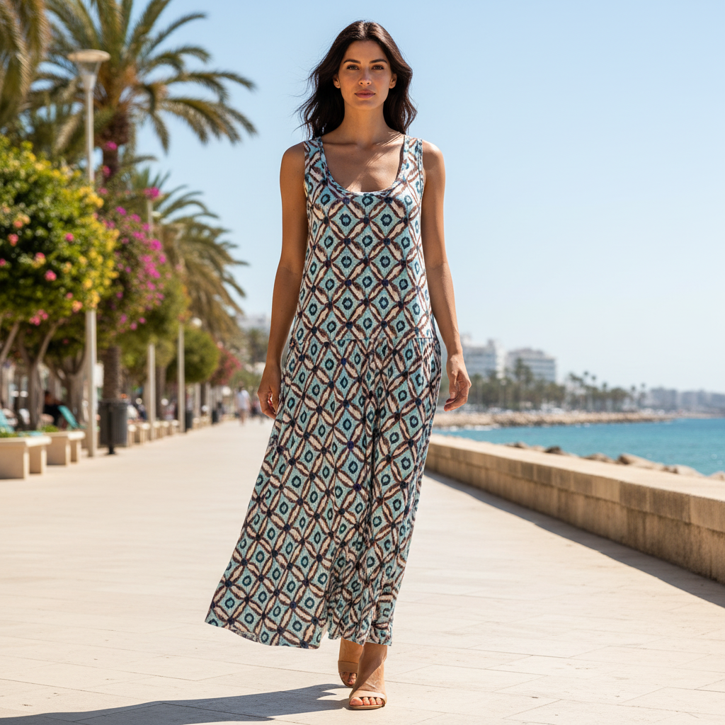 Vestido largo lorena maxi estampado ikat sobre modelo paseo marítimo Angara Moda