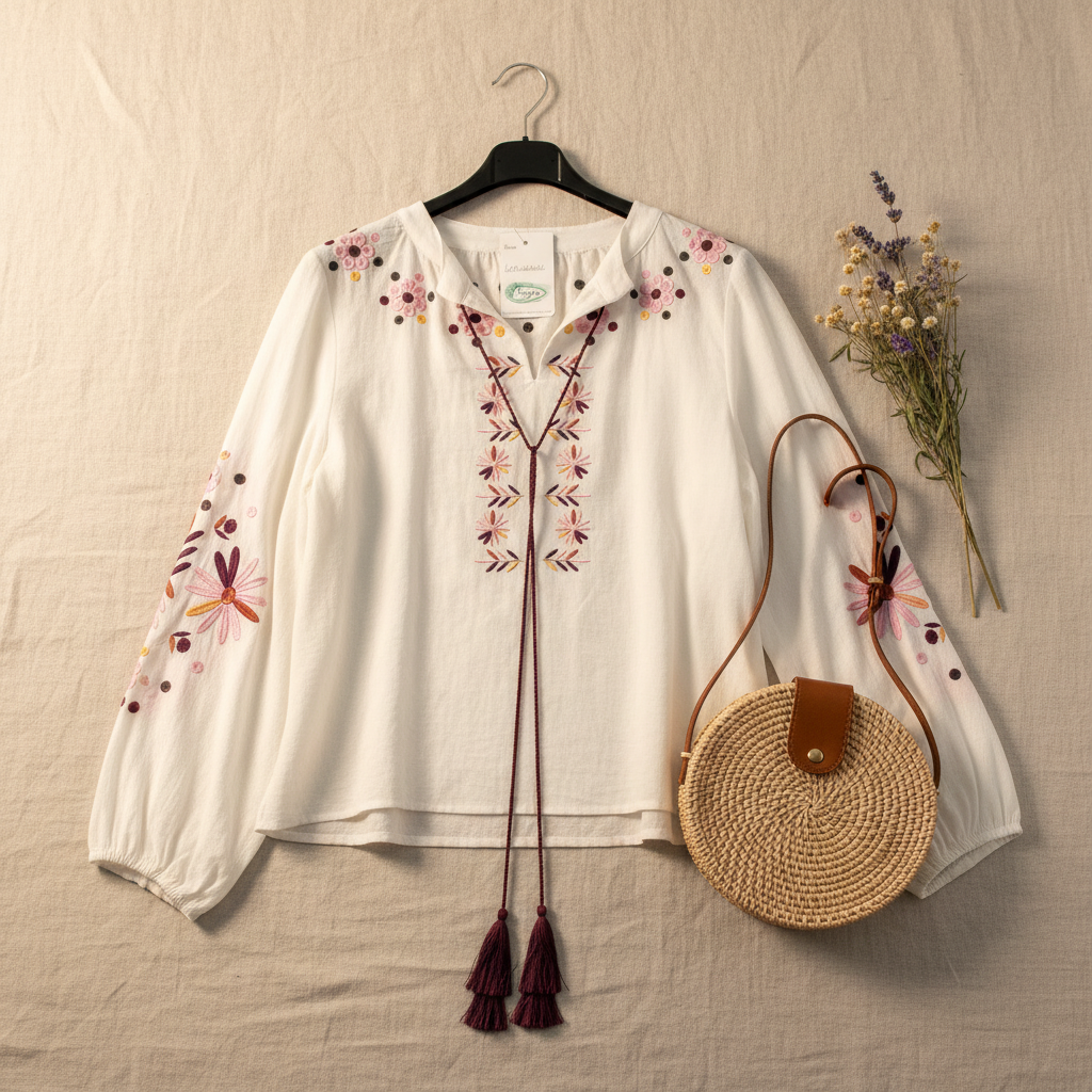 Flat lay blusa Lapislázuli bordada con accesorios boho Angara Moda