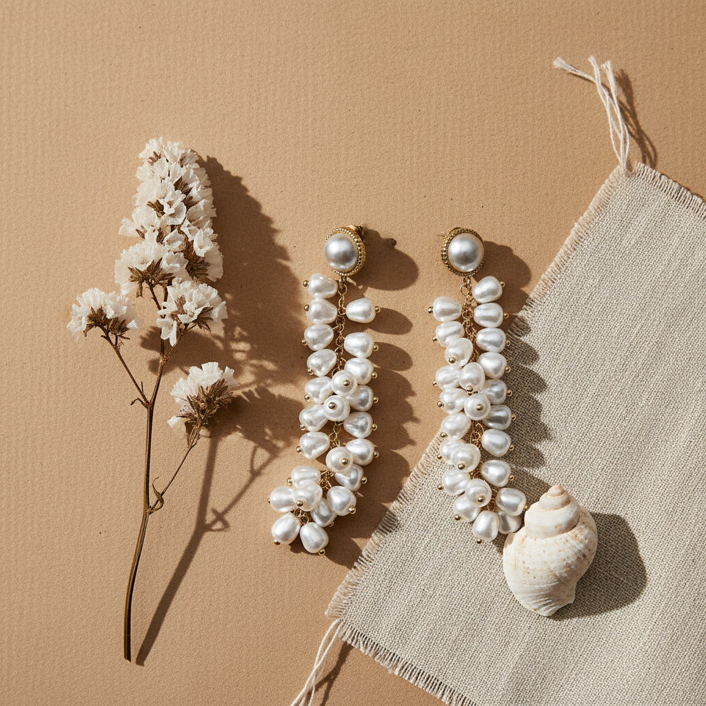 Flat lay pendientes Noelia cascada perlas barrocas complementos boho Angara Moda