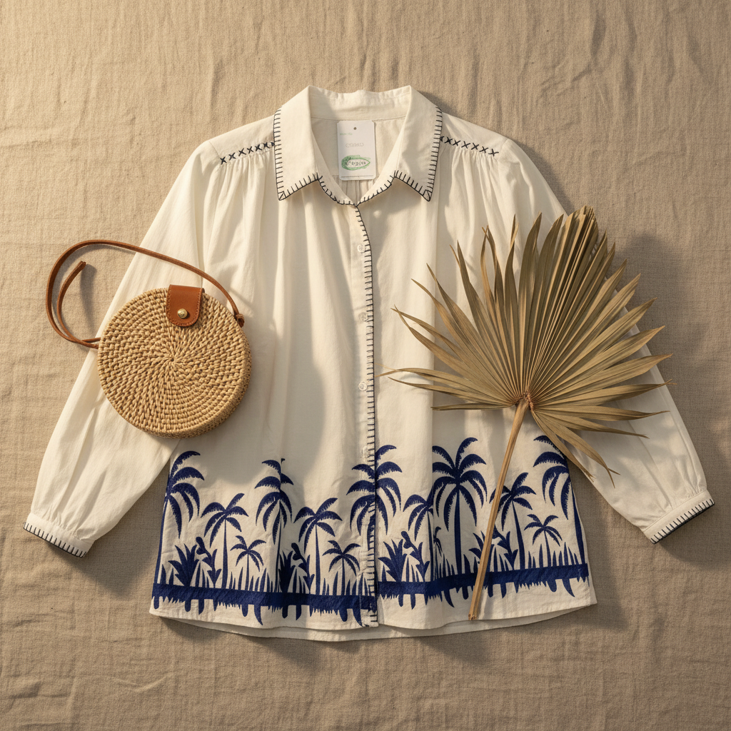 Flat lay camisa Cedro bordado palmeras con accesorios boho Angara Moda