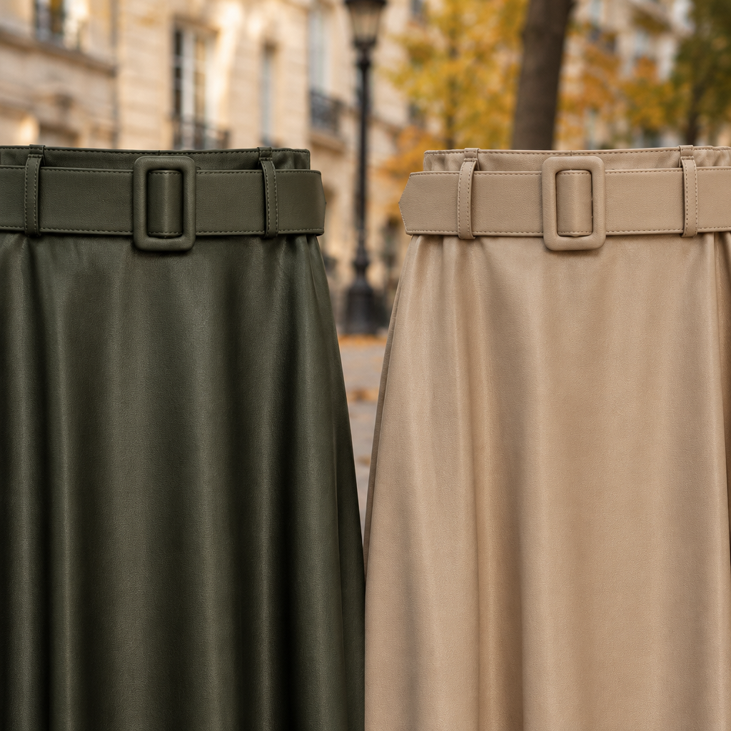 Falda Julieta polipiel verde caza y beige detalle de cinturón mujer Angara Moda