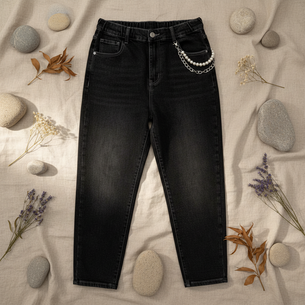 Pantalón Vaquero Perlitas denim negro pantalón mom sobre fondo natural mujer Angara Moda