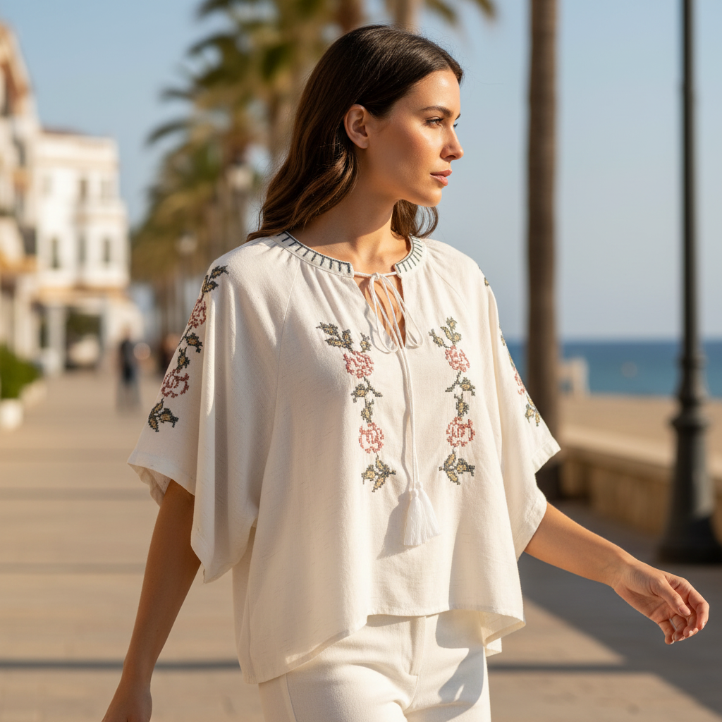 Blusa bordado punto de cruz boho manga murciélago mujer Angara Moda