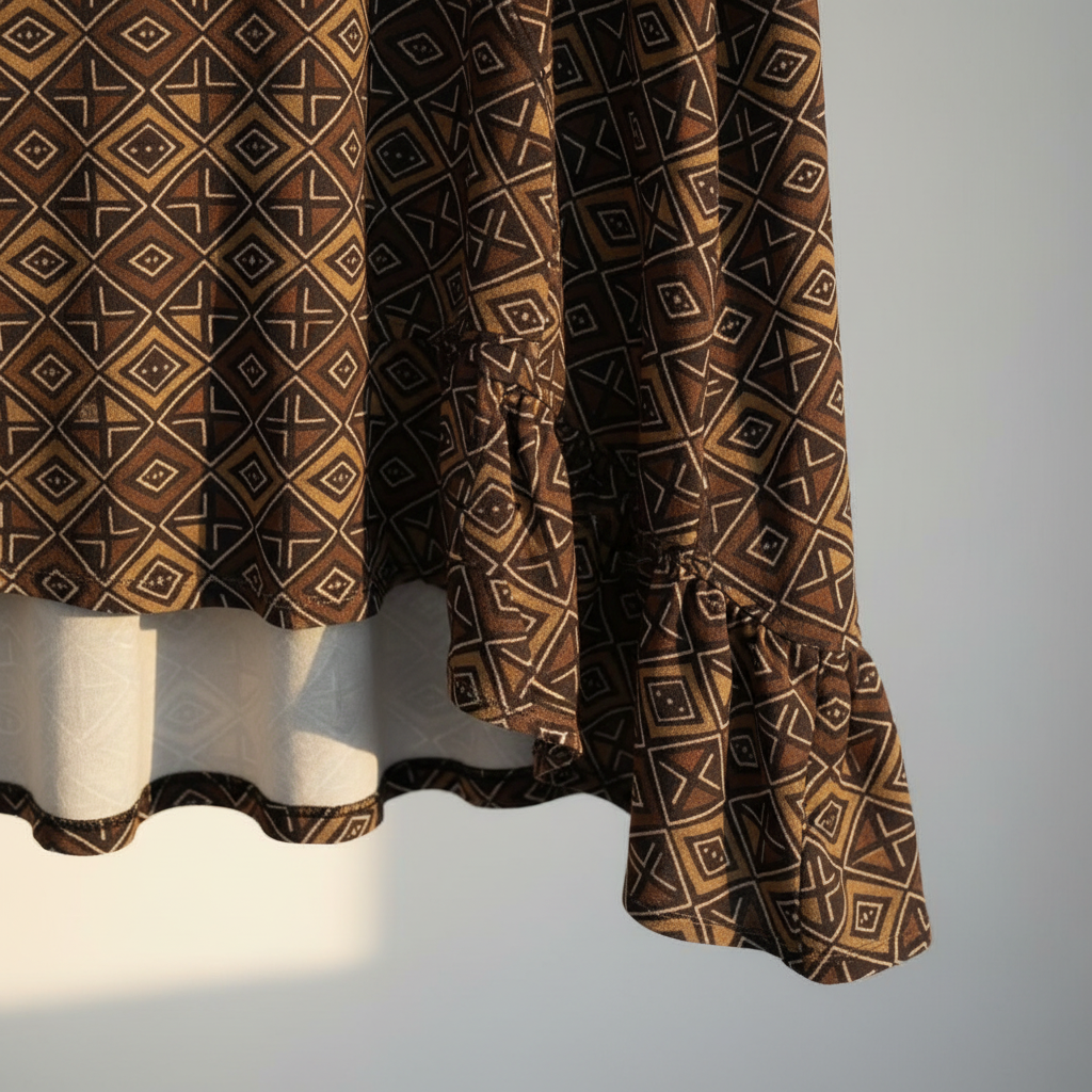 Detalle volante asimétrico bajo blusa Plata estampado geométrico Angara Moda