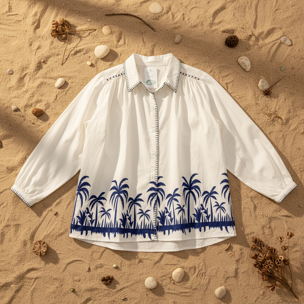 Camisa Cedro bordado palmeras fondo natural arena Angara Moda