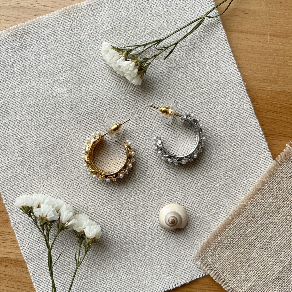 Flat lay pendientes Eloísa aro trenzado perlas complementos boho Angara Moda