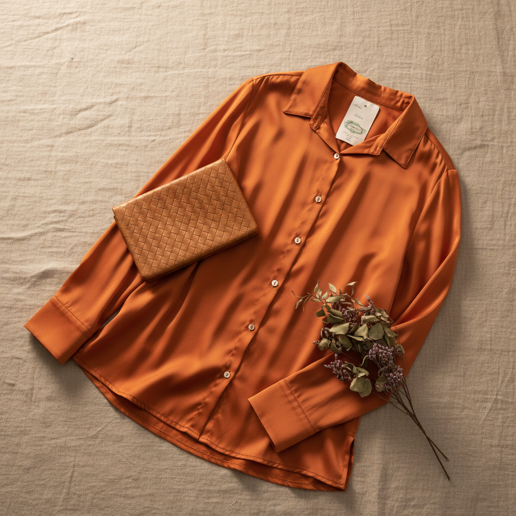Flat lay camisa Alba raso fluido con accesorios Angara Moda